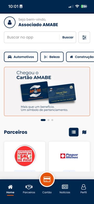 Tela inicial do AMABE APP com busca, categorias e parceiros