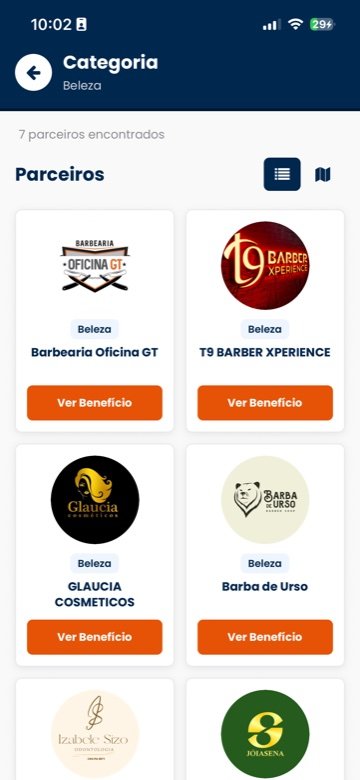 Tela de parceiros por categoria do AMABE APP